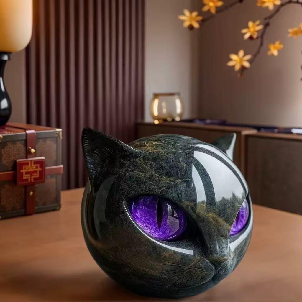 Cat Stone Sculpture Figurine, Handcrafted Marble-Look Resin Statue Decorations, Amber Eyes, Elegant Shelf Decor for Home or Office