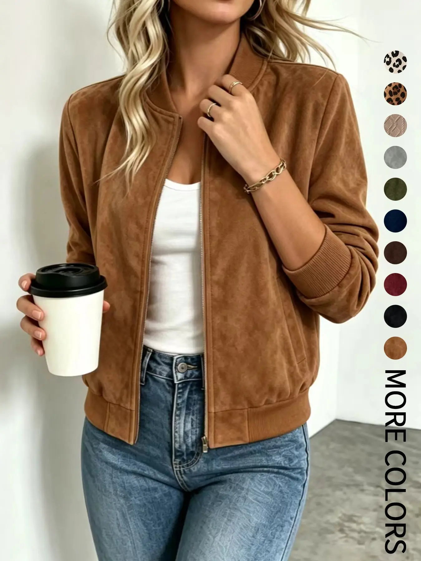 Women's Classic Faux Suede Baseball Jacket, Zipper Stand Collar, Elastic Hem and Sleeves, Casual Short Sleeve for Daily Wear