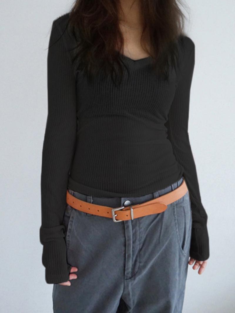 Women's Solid V Neck Long Sleeve Tee, Casual Basic T-shirt for Fall & Winter, Women's Top for Daily Wear