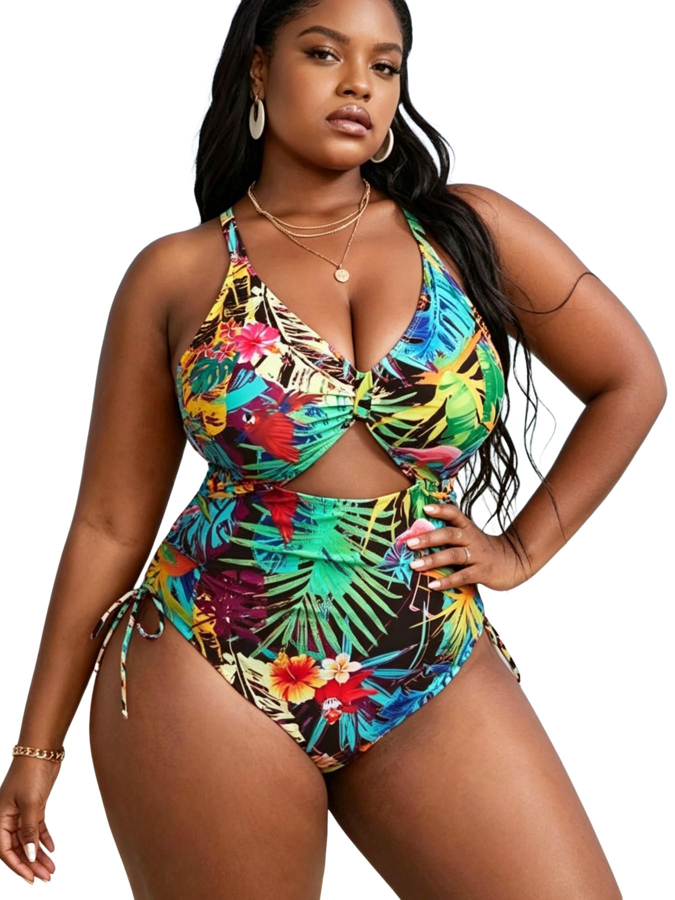 New European Style Plus Size Women's Colorblock Print Cutout Cross Back Tie Summer Swimwear Swimsuit, Sexy Backless Slim Fit One-Piece Swimsuit for Beach Pool Vacation