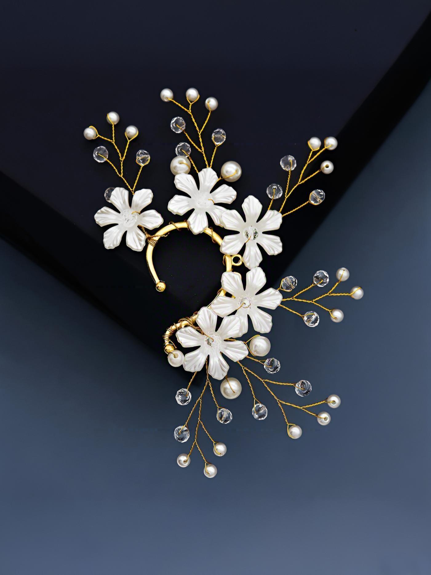 Elegant Flower Pearl Crystal Ear Clips, Handmade No-Piercing Earrings, Bridal Wedding Hair Accessories, Party Gifts