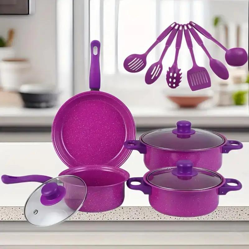 13-Piece Basilite Cookware Set - Durable Cast Iron Cookware with Glass Cover and Tools, Pink/Black, Stylish Kitchen Decor, Easy to Clean, Compatible with Multiple Stoves, Cooking Set