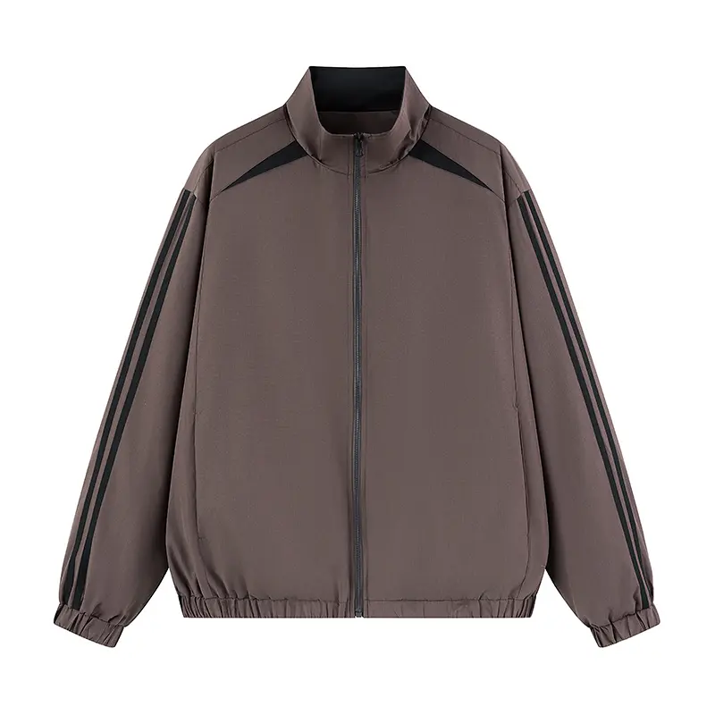 Men's Polyester Stand-Collar Zip-Up Track Jacket - Black Stripe Contrast Sleeves, Triangular Shoulder Panels, Elastic Gathered Cuffs & Hem, Loose Casual Sporty Outerwear for Daily Wear