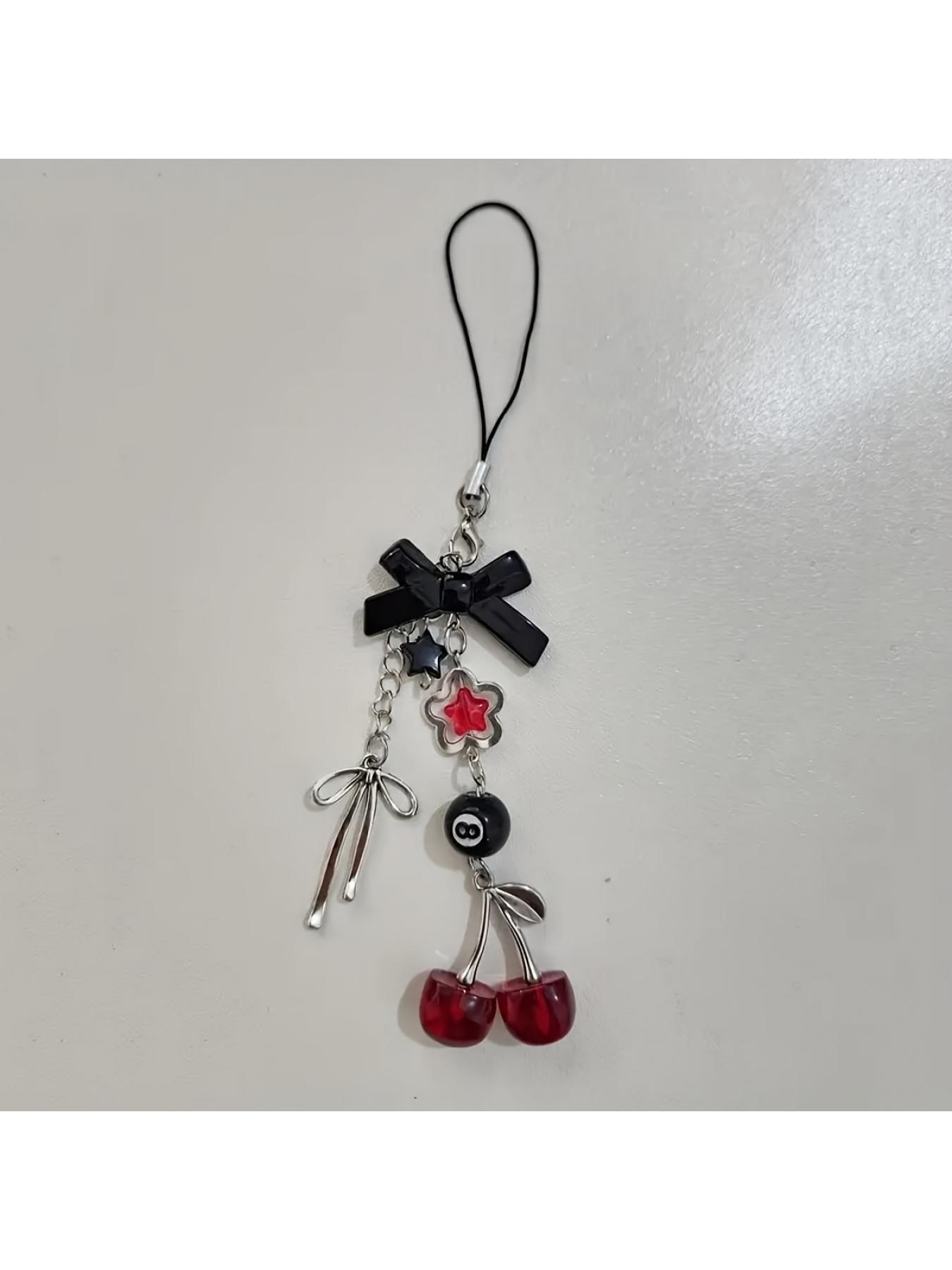 A Y2K Red Cherry Phone Strap with a Bow - Features Colorful Resin Decorative Pendants, Suitable for Phone Straps, Headphone Charms, And Other Cherry-Themed Items