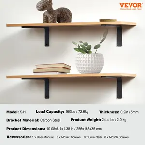 VEVOR Shelf Bracket, Heavy Duty Floating Shelf Brackets 10x 6 in, 4 Pcs Brackets for Shelves, 5mm Thick Matte Black L Shelf Bracket, Steel Shelving Brackets with 160 lbs Load Capacity