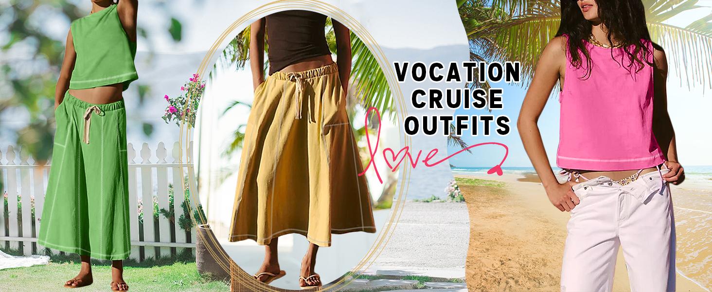 UANEO Women's Two Piece Venetia Skirt Set Summer Casual Matching Outfits Pockets Sleeveless Cropped Top Elastic Waist Midi Flowing Maxi Skirt