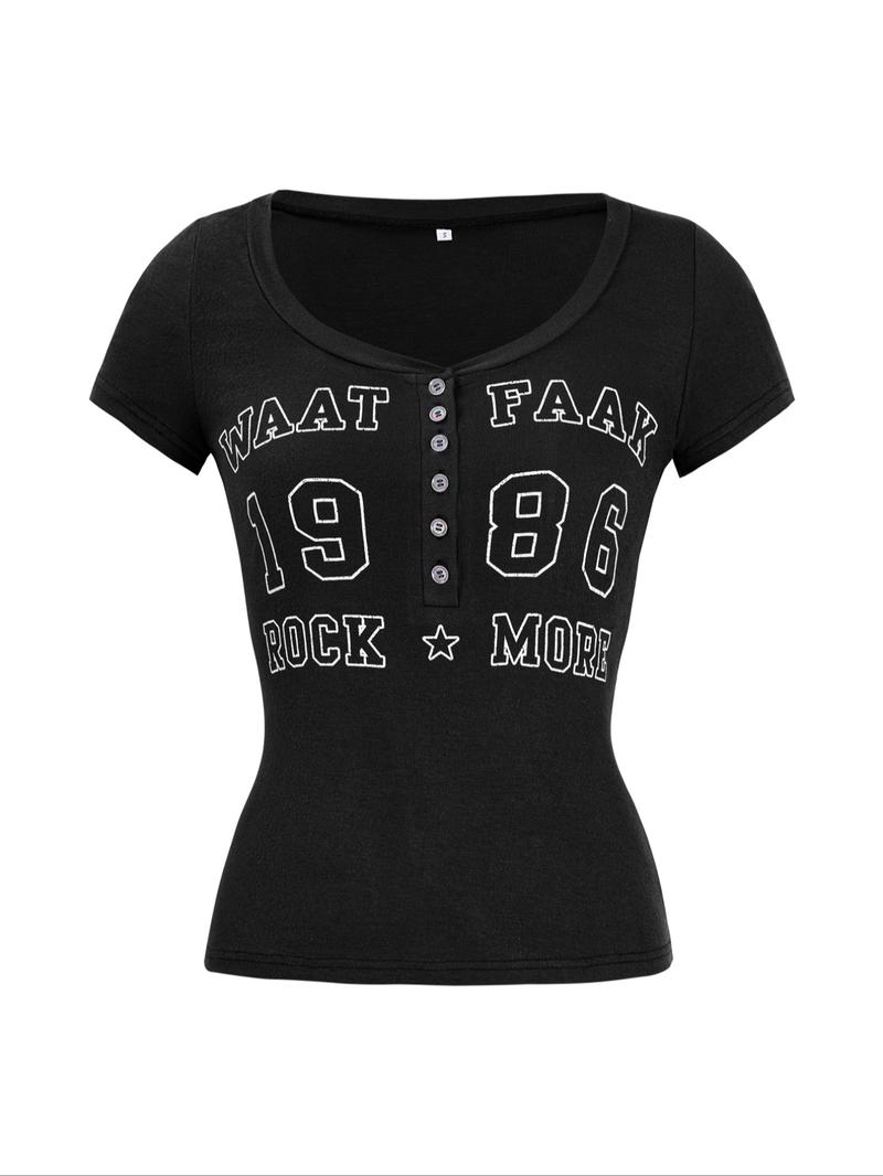 Spring Summer Streetwear Y2K Style Letter Print Knitted V-Neck Slim Fit Women's T-Shirt, Casual Fashion Top for Daily Wear