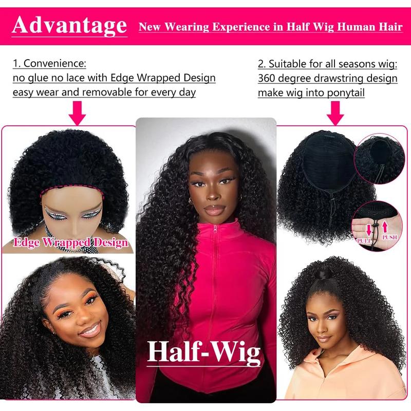 Glueless Half Wig Human Hair Kinky Curly 250% Density Human Hair Glueless Wigs Seamless Clip Ins Flip Over Ready Go Wig Invisible Hairline Beginner Friendly