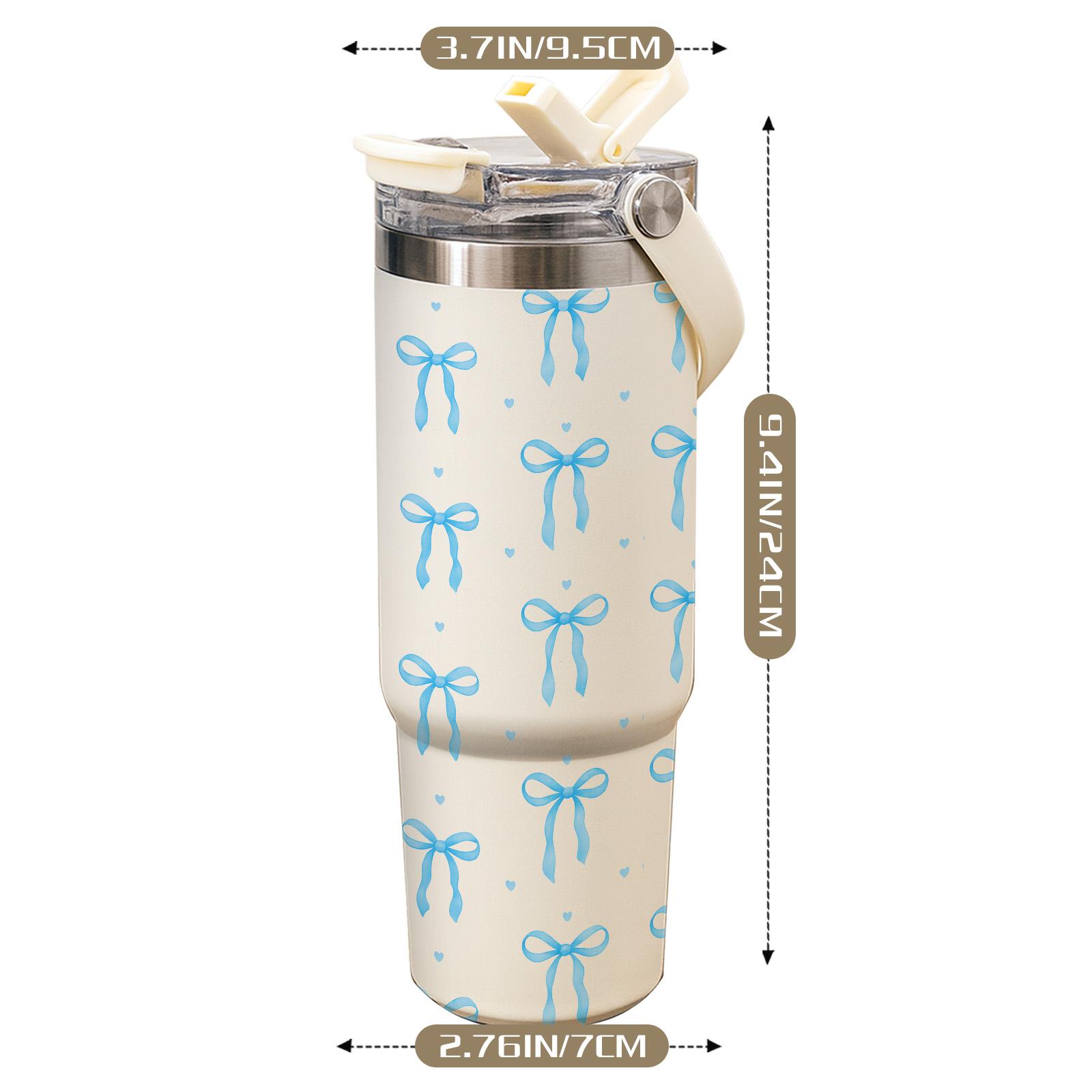1 Pc 30oz insulated mug with handle and straw, Tumbler, cream white with blue bow design, double wall vacuum cup, leak-proof skinny thermal mug, keeps hot 12 hours and cold 24 hours, perfect for coffee tea smoothies cocktails, holiday gift