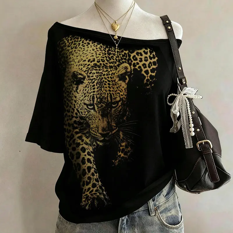 Women's off-shoulder leopard print short-sleeved T-shirt, loose-fitting top with tiger print, perfect for everyday street style, Daily Wear Top