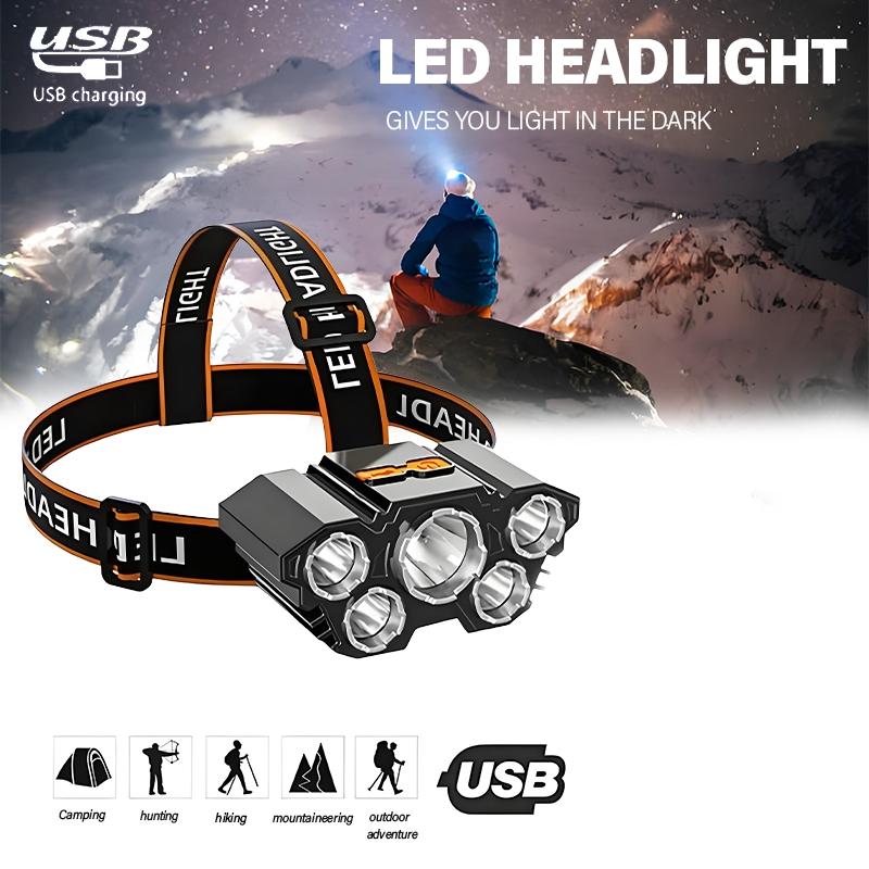 Two rechargeable waterproof headlamps, one of which is a fishing headlamp with 5 LED bulbs, featuring three modes and waterproof function, suitable for outdoor camping, hiking, running, and vehicle maintenance tasks, etc. Adjustable headlight