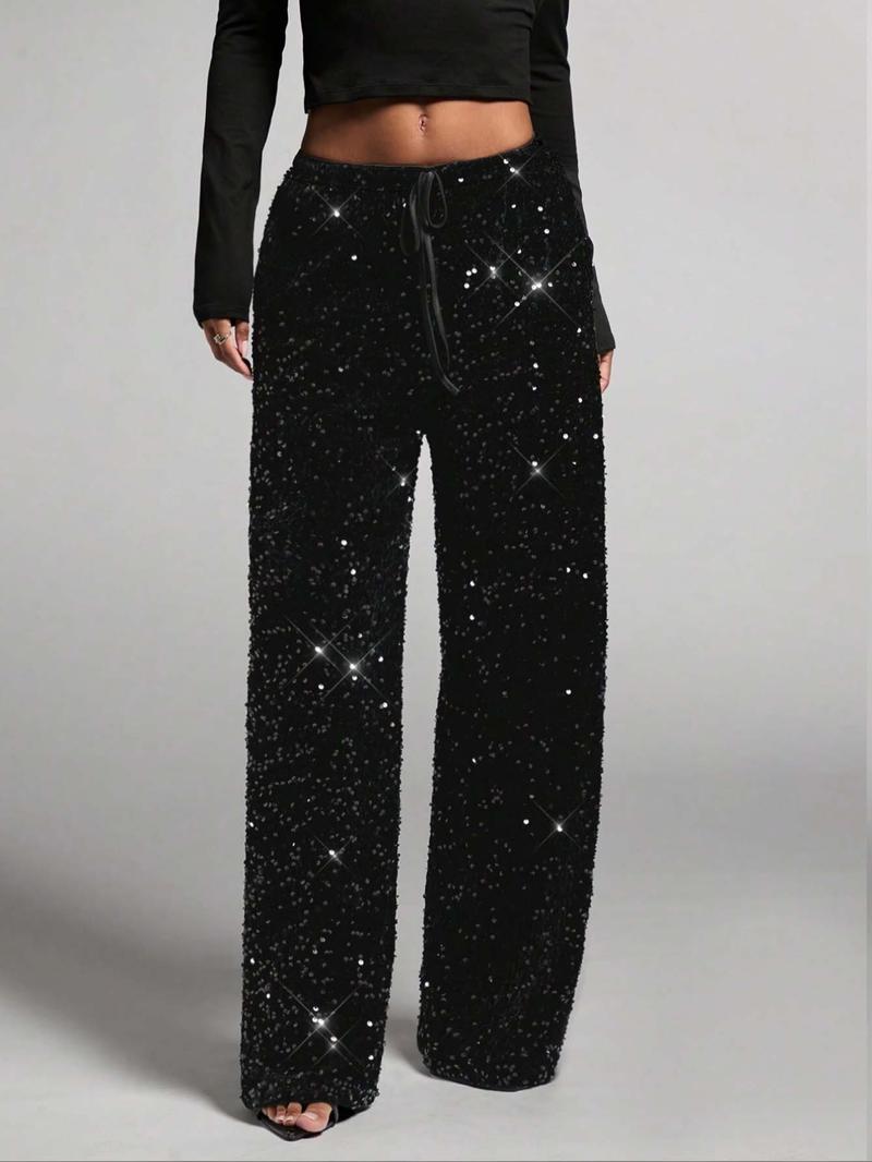 Women's Fashion Pants with Elastic Waistband, Bow Design, Sequins Detailing, Stylish Trousers for Casual Wear Women's Fashion Pants with Elastic Waistband, Bow Design, Sequins Detailing, Stylish Trousers for Casual Wear