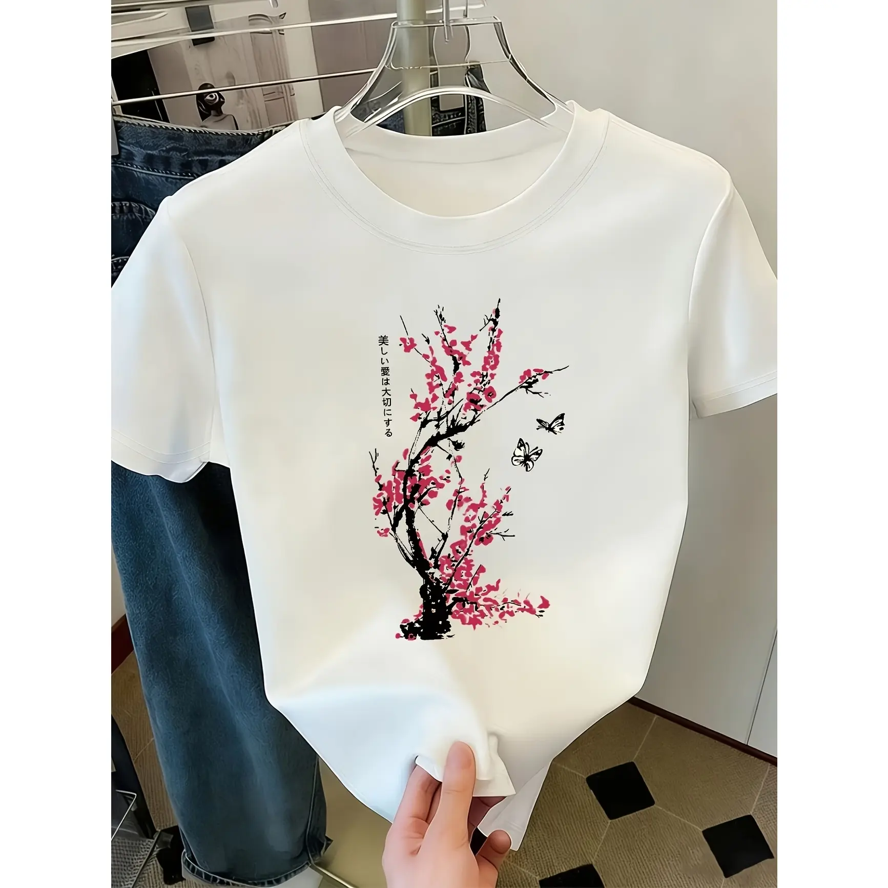 Plum Blossom Cherry Blossom Ink Art Graphic Oversized Cotton T‑Shirt, Cute Fashion Outfit, Valentine Gift For Her, Best Holiday Present For Lover Family Friends, Comfort Oriental Floral Tee