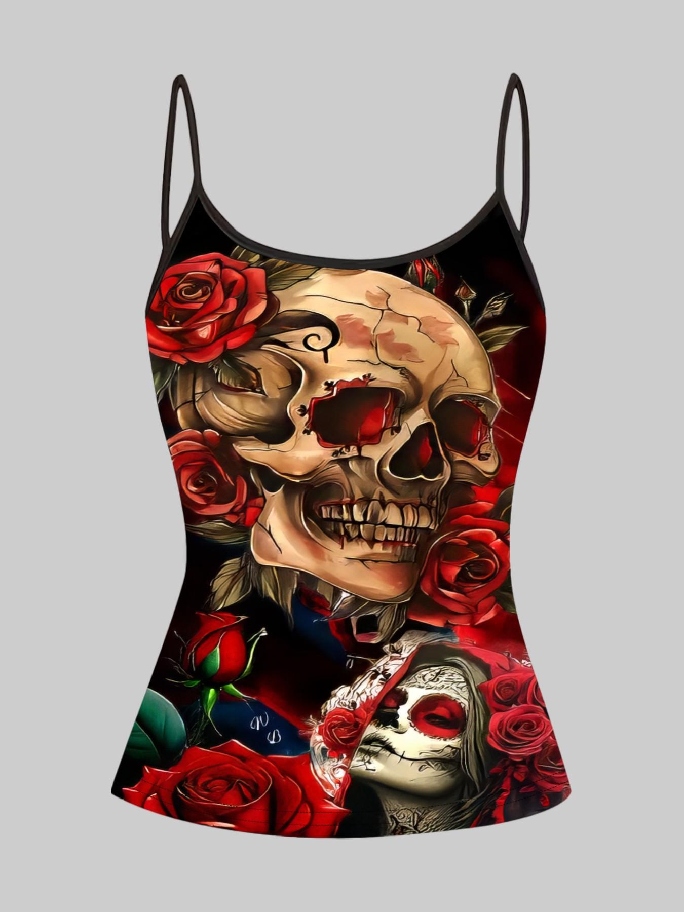Gothic Skull Rose Print Straps, Summer Home Sleepwear Outer Wear, Unique Slim-Fit Top Set of Four Pieces, Casual All-Over Print Clothing