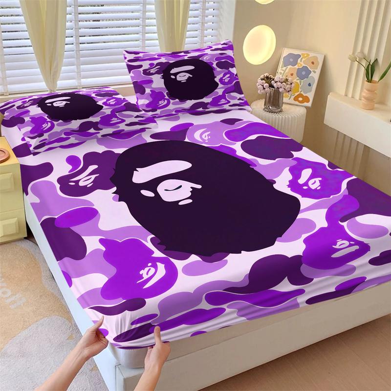 Bape ABC Camo Print 3-Piece Fitted Sheet Set, Includes 2 Pillowcases, Featuring The Classic Brand and Iconic Ape Head Logo. Soft and Comfortable, Perfect for A Street-Style Bedroom Decor. An Ideal Gift for Streetwear Enthusiasts.