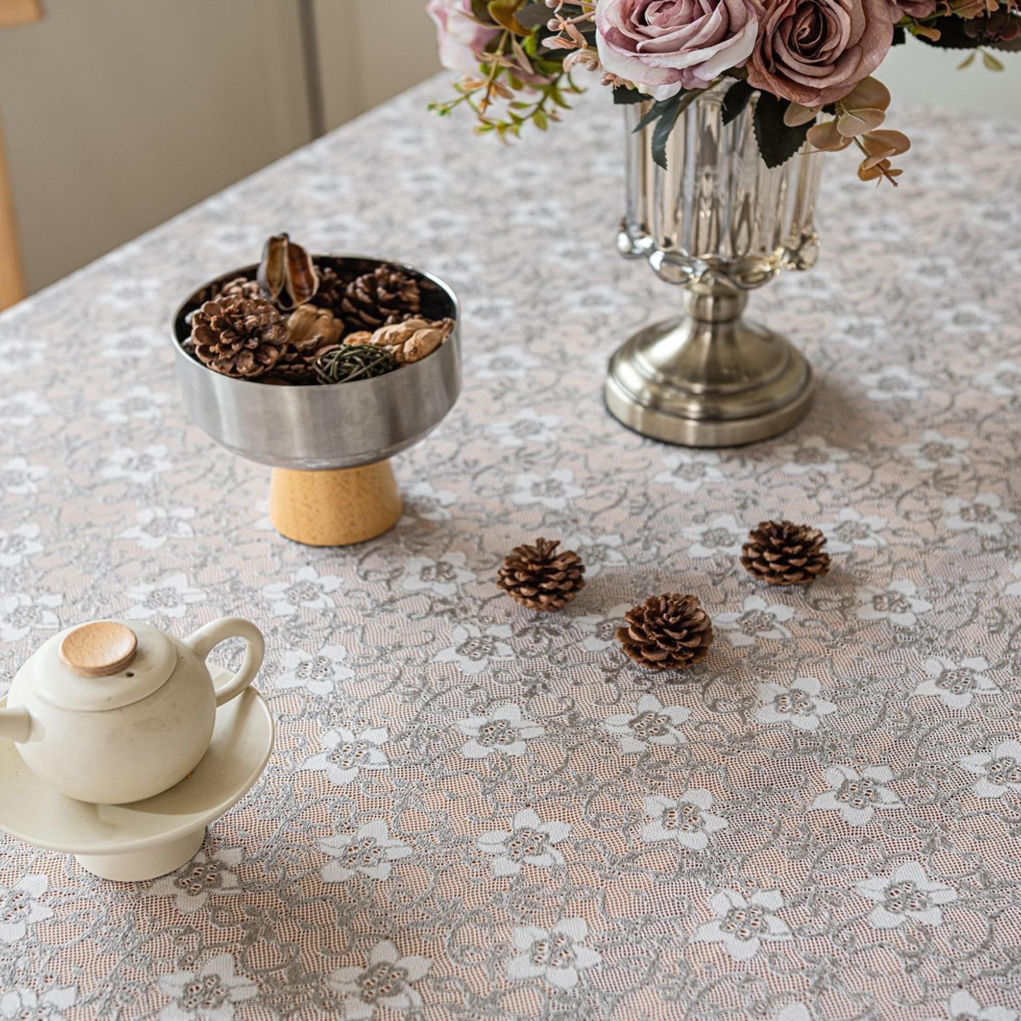 1pc Rustic Lace Fringe Tablecloth, Square Rectangle Camellia Cutout, Vintage Farmhouse Style, European French Retro Design