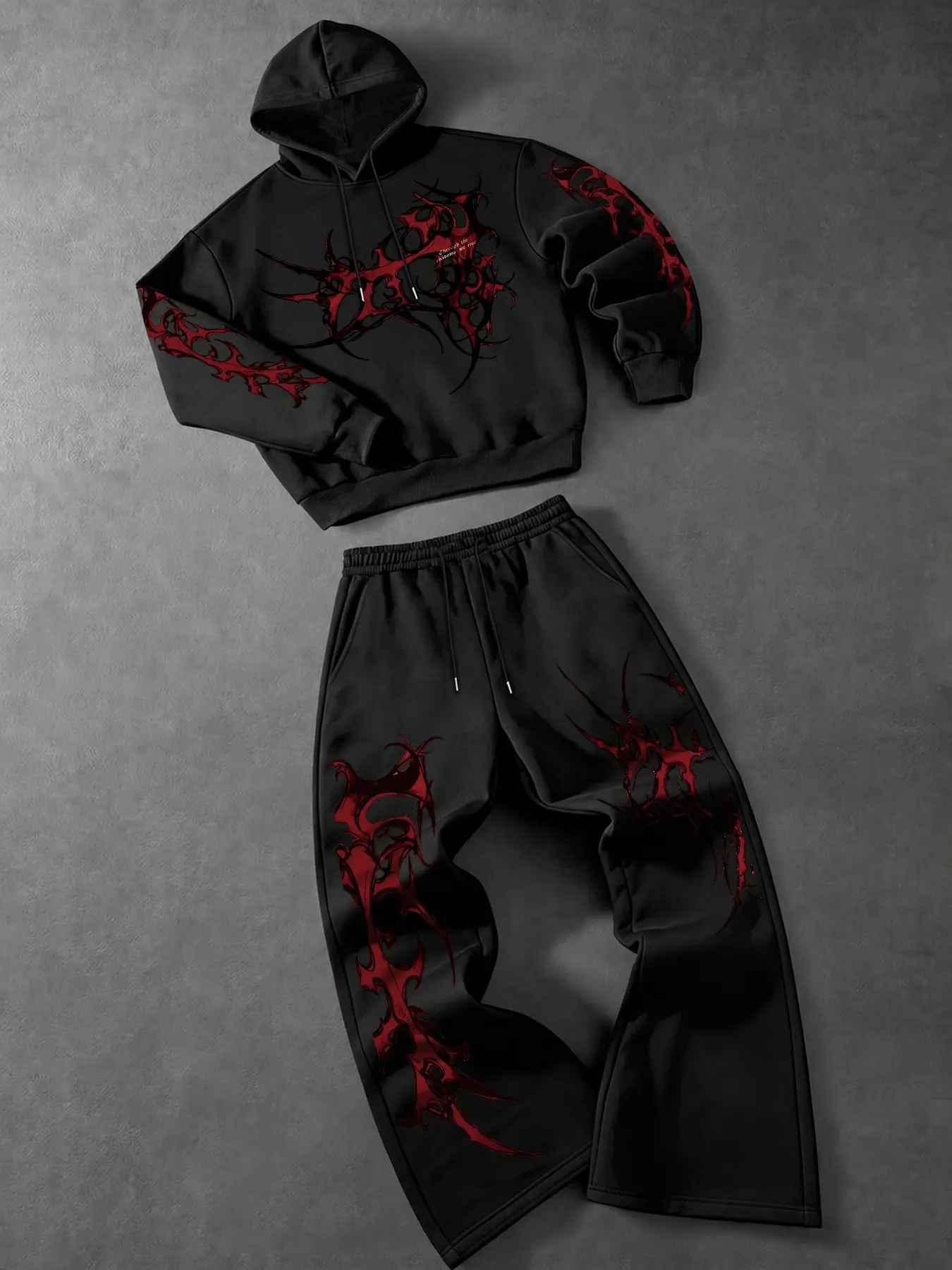 Y2K Alt Darkwear 2 Piece Outfit Black Hoodie Sweatpants Set Red Tribal Thorn Print On Front And Sleeve Loose Fit Elastic Waist Sweatsuit Street Photoshoot Casual Going Out Fall Winter Tracksuit