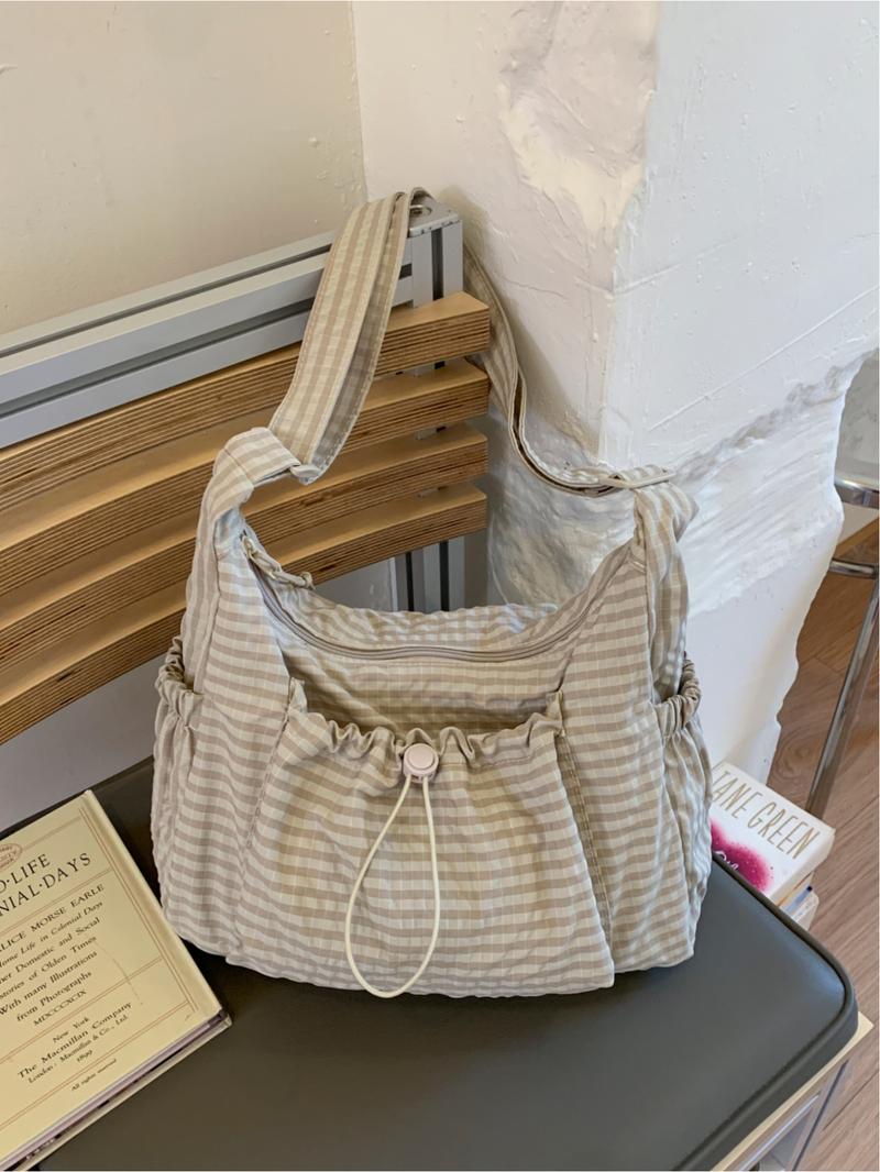 Japanese-Style Minimalist Plaid Canvas Crossbody Hobo Bag, Large-Capacity High-End Commuter Shoulder Bag with Zip Closure, Suitable for Campus, Workplace, Commuting, Casual Shopping and Everyday Use, Hobo Purse