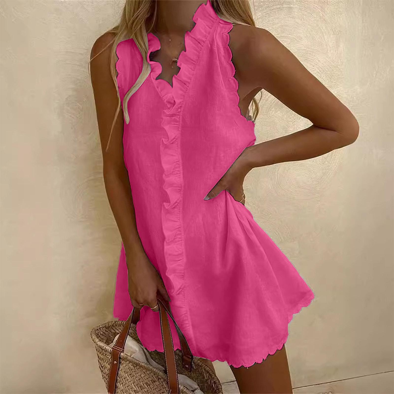 Dress Women Sexy Spaghetti Strap Ruffle Summer Dress Cotton Linen Vestidos Green Dresses Off Shoulder Sexy Mini Sundress Women Summer Dress Ruffle V Neck Sleeveless Loose A-line Mini Dress Flower Edge Solid Color Short Dress for Dating Prom Beach