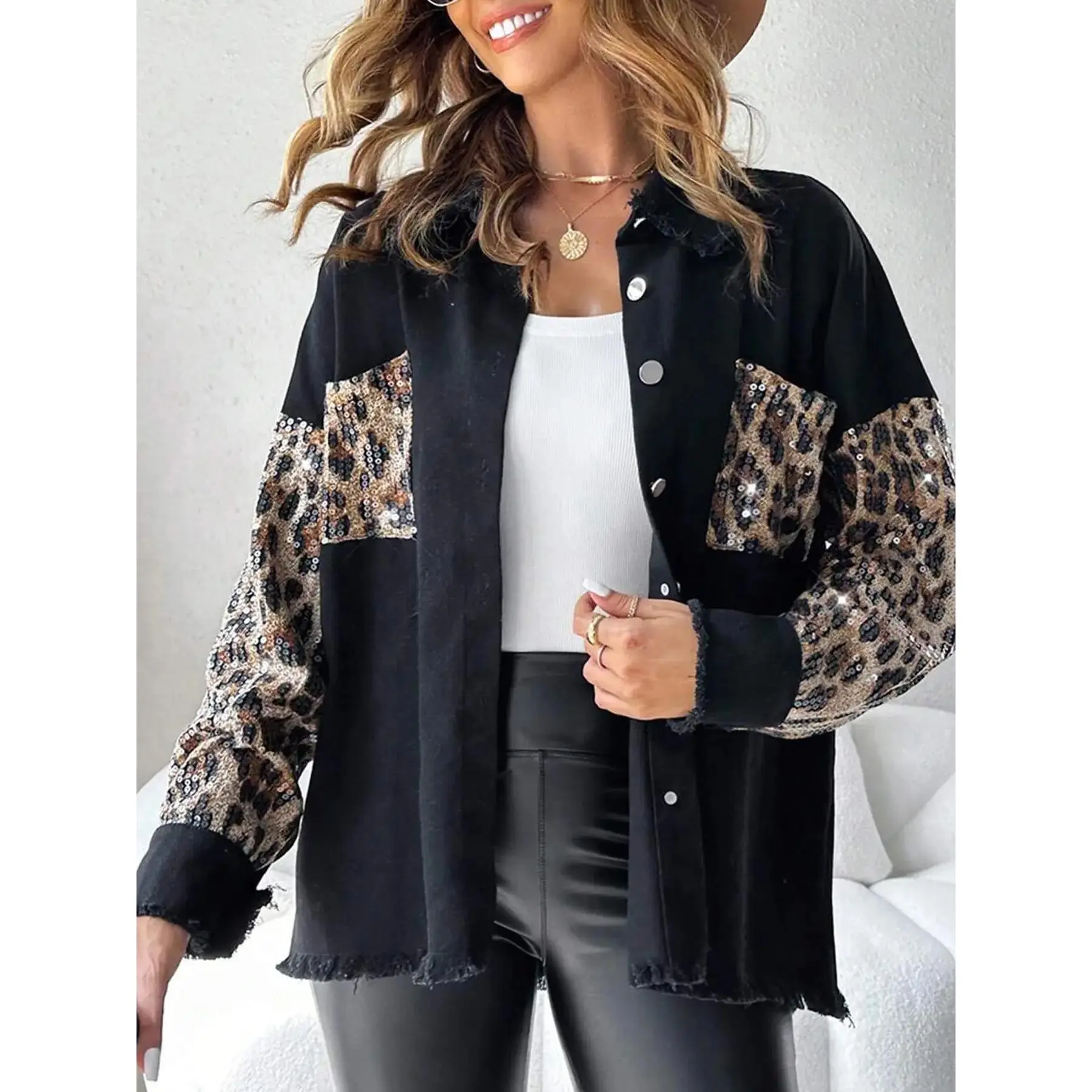 Women's Denim Leopard Sequin Shirt Jacket, Long Sleeves, Vintage Cool Style, Fringe Design, Perfect for Streetwear, Daily Wear, Parties