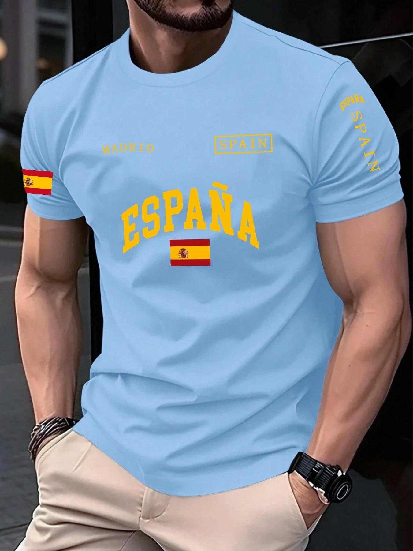 Men's Spanish Style Letter Print Short Sleeve T-Shirt, Summer New Arrival, Breathable Quick-Dry Casual Top, Streetwear Fashion