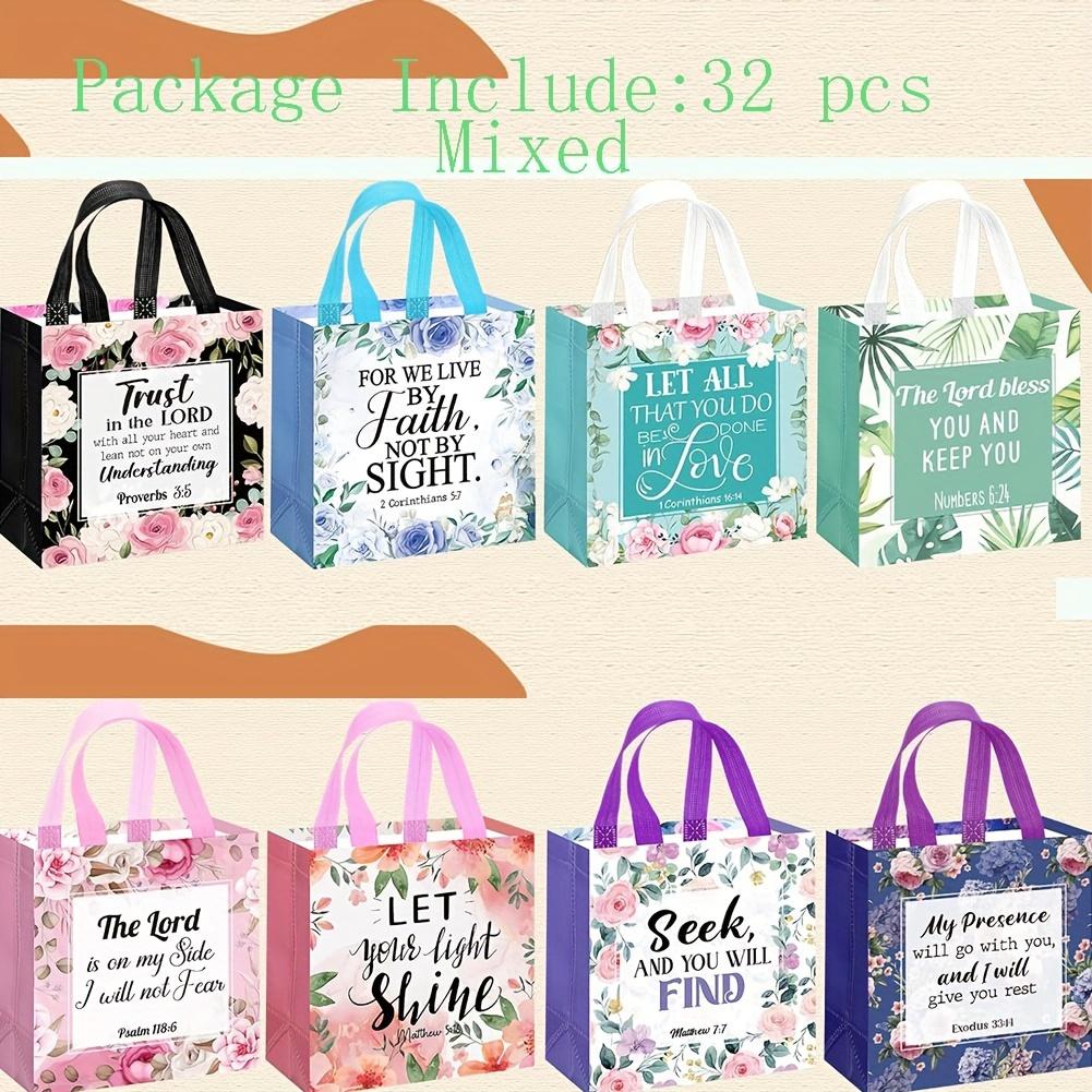 32 Bible Verse Gift Bags, Reusable Non-Woven Christian Gift Bags with Handles, Inspirational Floral Design, Blue