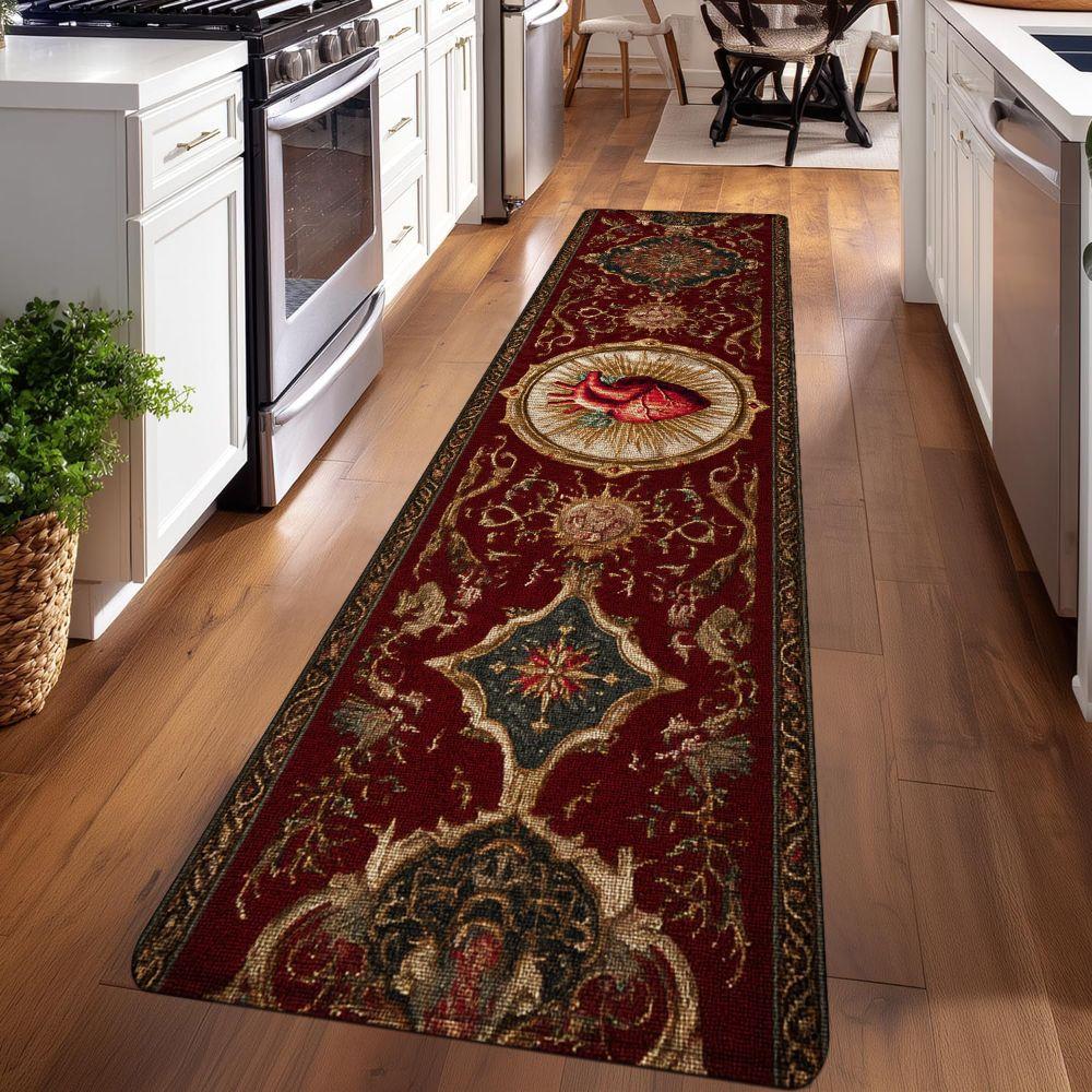 1PC， Wine - red Carpet with Heart Pattern strip rugs, home décor, bathroom mats, entryway mats, bathroom non-slip mats, indoor entrance rugs, bedroom bedside mats, kitchen mats, hallway rugs, flannel sponge rugs, hallway runner rugs