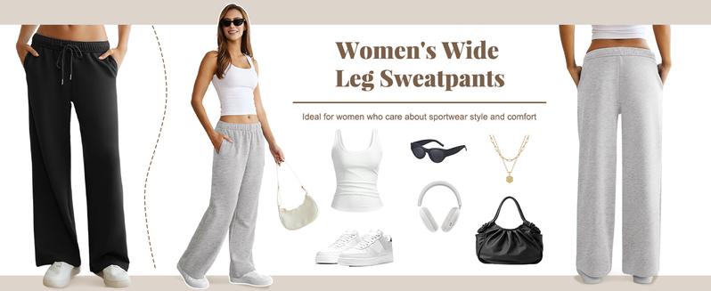 Dlooda Women's Wide Leg Sweatpants with Pockets Elastic Waisted Lounge Casual Trousers in 3+ Colors Y2K Style Loose Fit Bottoms for Daily Wear Cotton Polyester Fabric Minimalist Design - Womenswear pants women