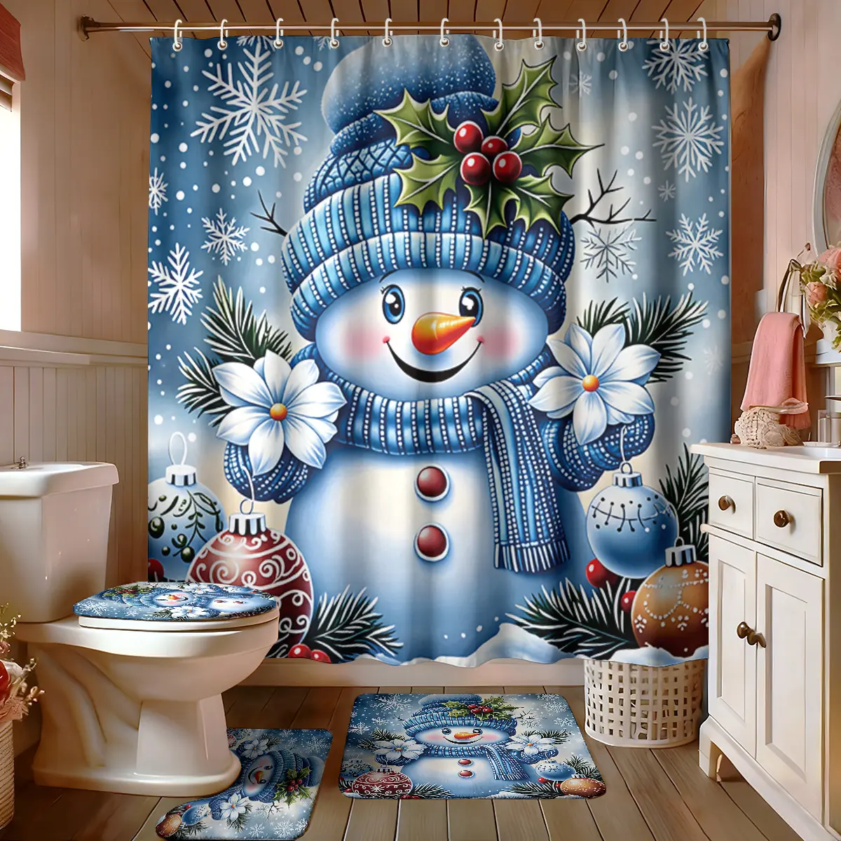 4 Piece Hand-Painted Snowman & Snowflake Christmas Bathroom Set | Anti-Slip Mat, Toilet Seat Cover & Bath Mat, Modern Bathroom Decor with 12 Hooks