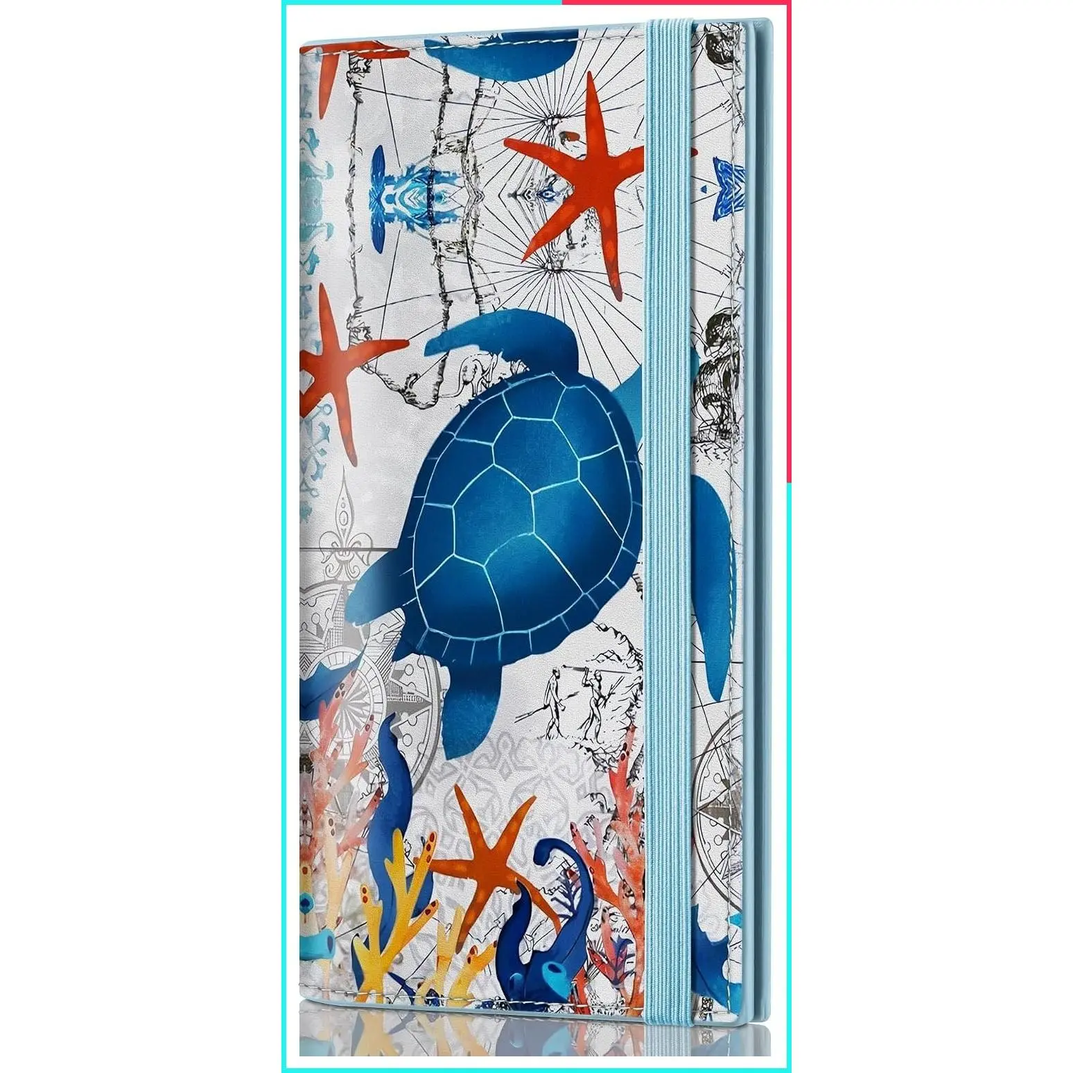 Sea Turtle Checkbook Cover for Women, PU Leather Personal Checkbook Holder with Elastic Band, Pen Holder & Transparent PVC Divider for Duplicate Checks