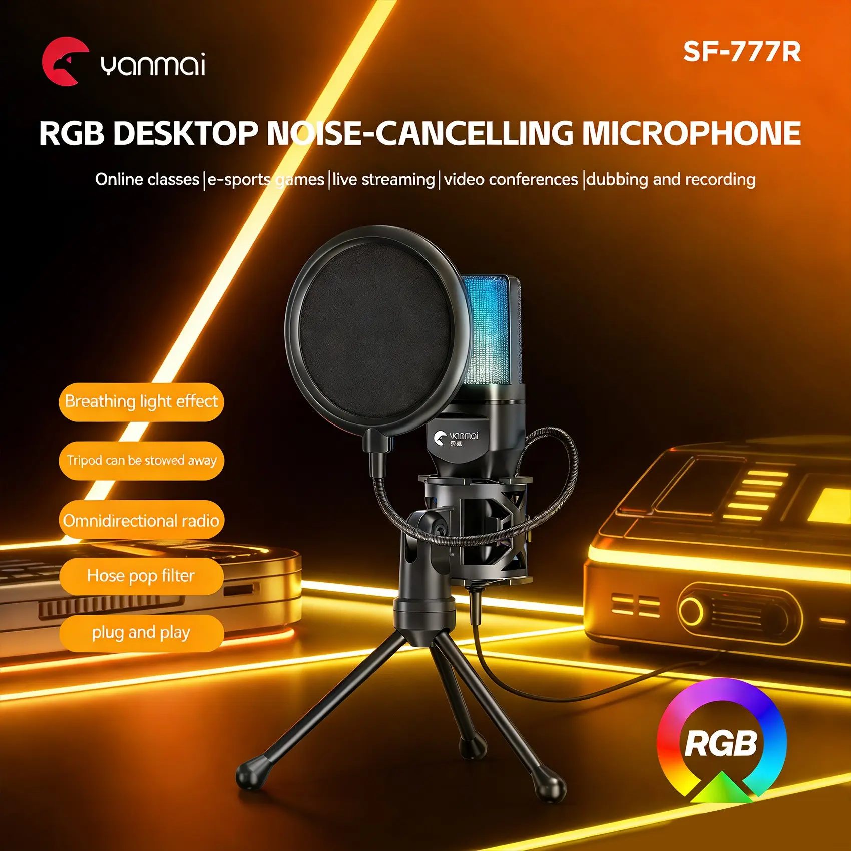 Cross-Border Hot RGB Gaming Condenser Microphone, Computer Desktop Mic for PC, High-Quality Sound Recording, Ideal for Gamers