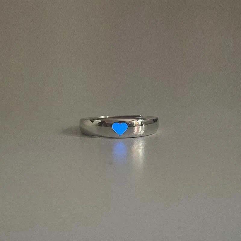 Fashion Blue Pink Love Heart Luminous Couple Ring for Women Men Vintage Glow In Dark Opening Adjustable Rings Jewelry Gifts