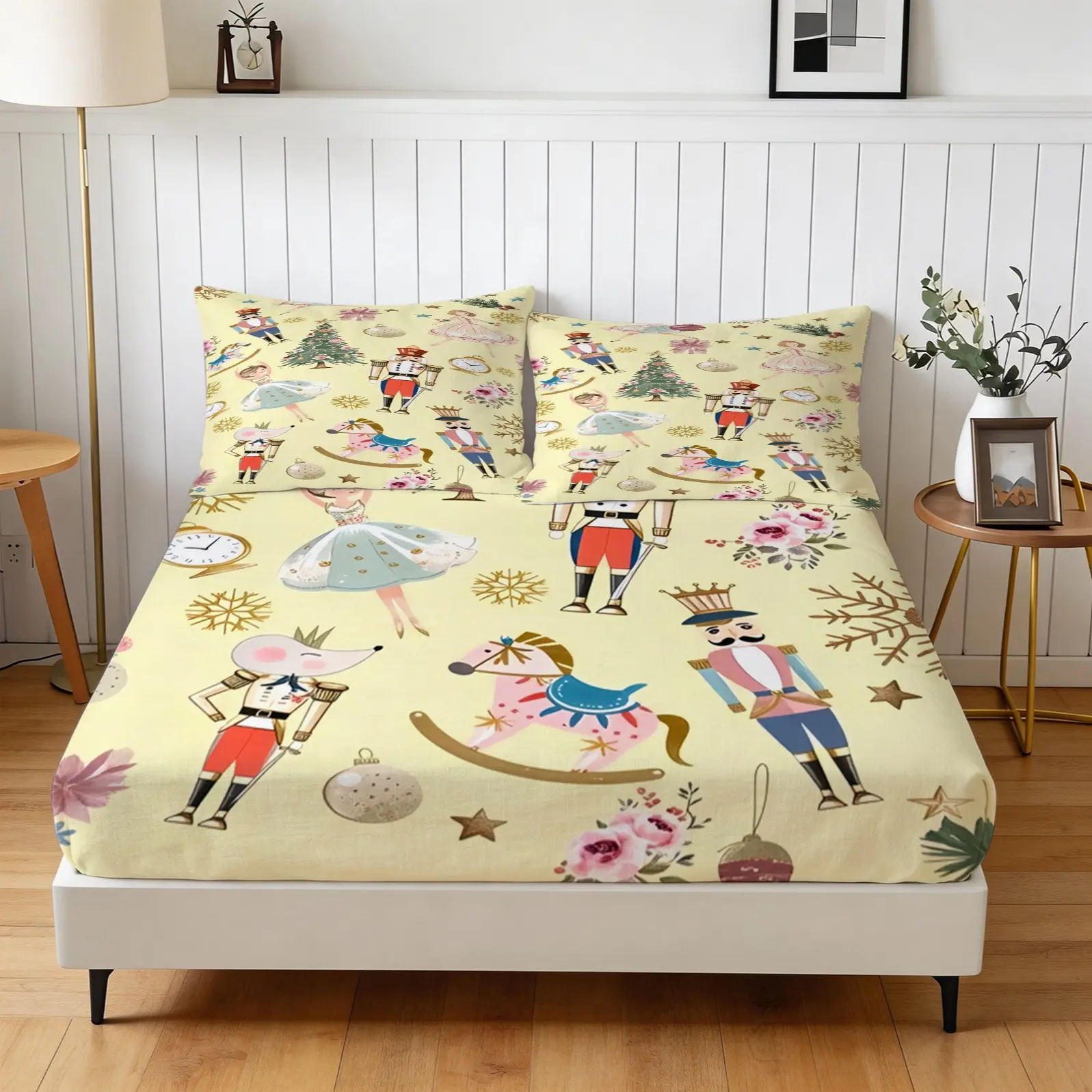Pink Nutcracker Christmas Print Fitted Sheet Set, 1 Fitted Sheet And 2 Pillowcases, No Pillow Inserts. Soft Microfiber, Deep Pocket Fits Most Standard Mattresses. Perfect For Christmas Bed Refresh