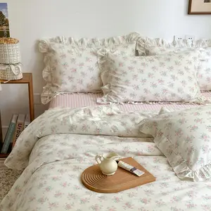 MKXI Queen Size Pink Floral Comforter Set - 3 Piece Ruffled Lace Bedding Set 1 Queen Comforter with 2 Pillowcases All, Soft Style Floral Comforter for Girls,