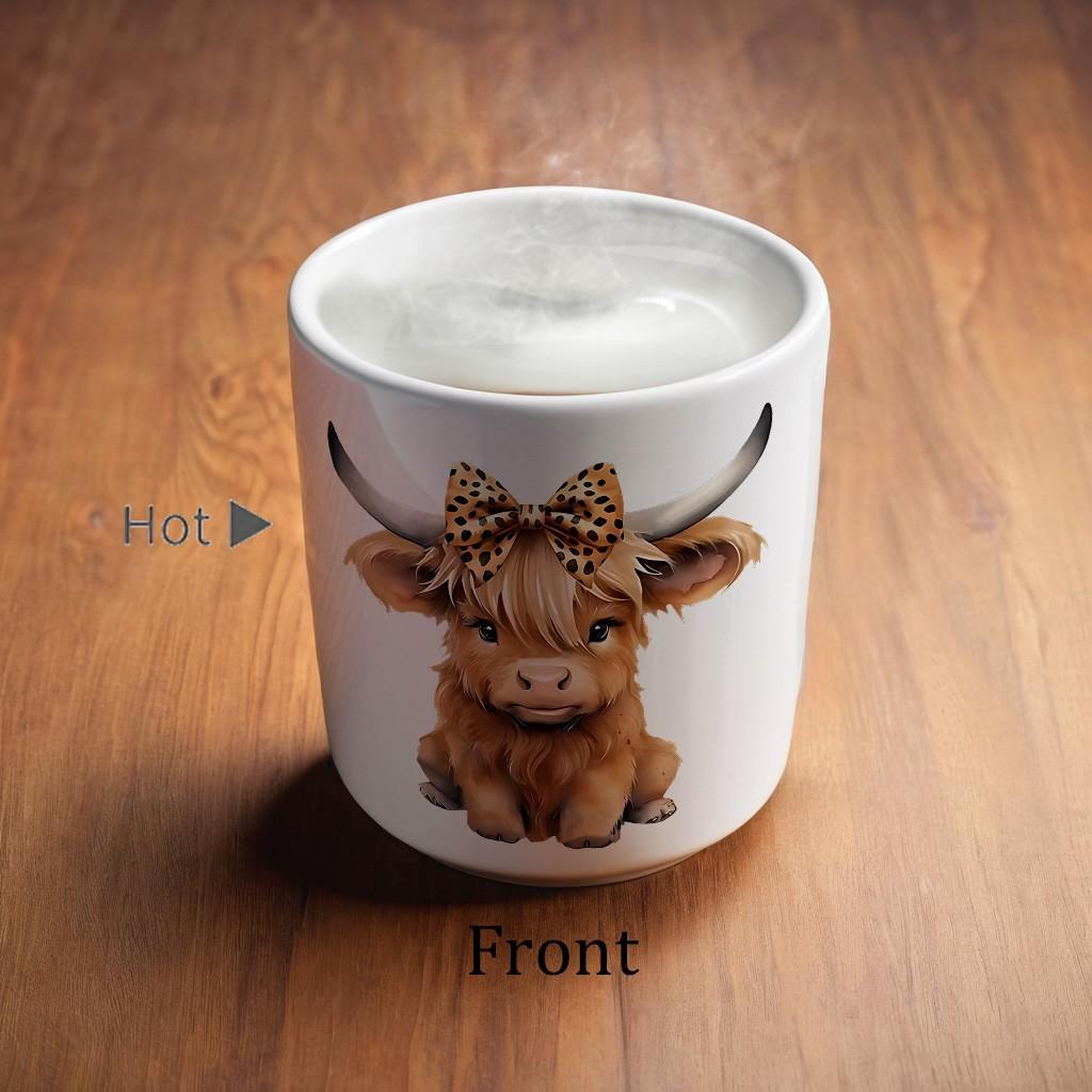 1pc Highland Cow Print Color Changing Mug - 11oz/325ml Durable Thermochromic cup, Cute Highland Cow & Bow Design, Coffee, Novelty Coffee Mug, Ceramic Mugs, Ceramics Mug, Ideal for Festival Gifts, The Perfect Gift for Coffee Lovers, Drinkware