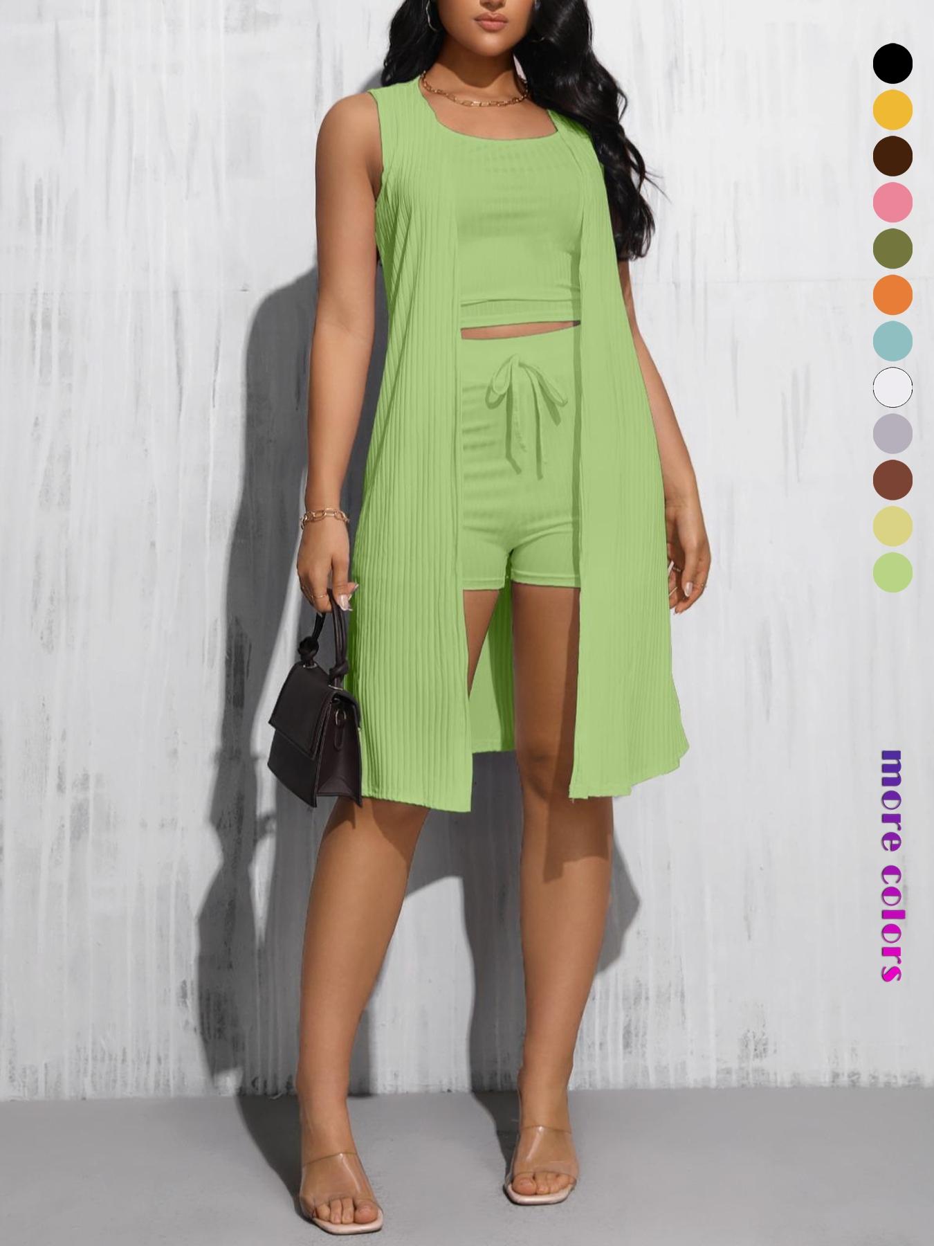 Women's Solid Ribbed Crop Tank Top & Drawstring Waist Shorts & Open Front Sleeveless Outerwear Three-Piece Set, Casual Fashion Cozy Three Piece Outfits for Daily Outdoor Wear, Casual Matching Set, Women Clothes for Summer