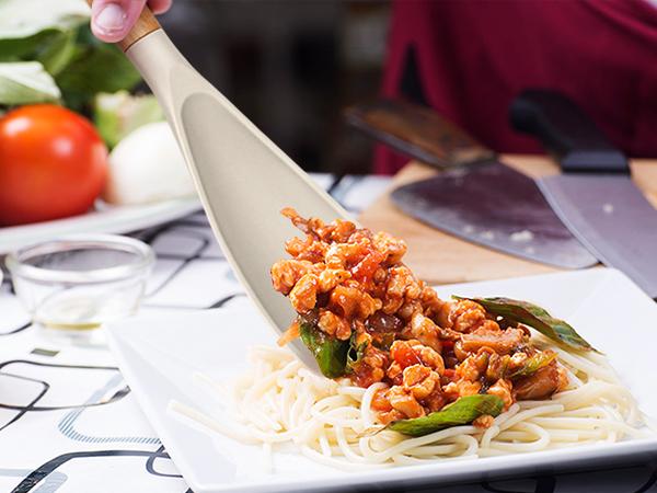 BADIANO Cooking Spoon and Rice Scooper for Nonstick Cookwares, Great for Cooking and Serving Durable BPA-Free Matte Silicone, Wood Handle Spoon for Mixing, Scoop, and Scrape