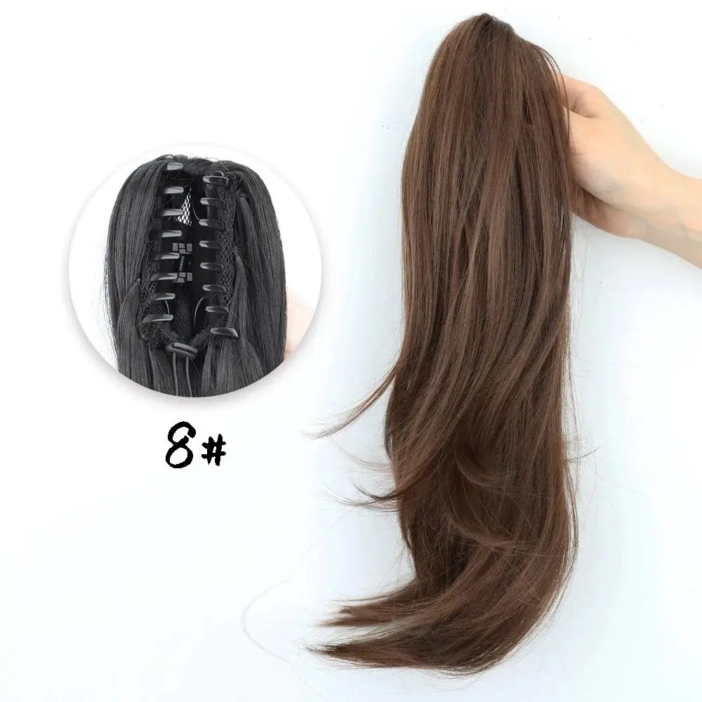 Synthetic Claw Clip On Ponytail Extensions 18Inch Long Natural Wavy Horse Tail Blonde Brown Fake Tail for Women Daily Use