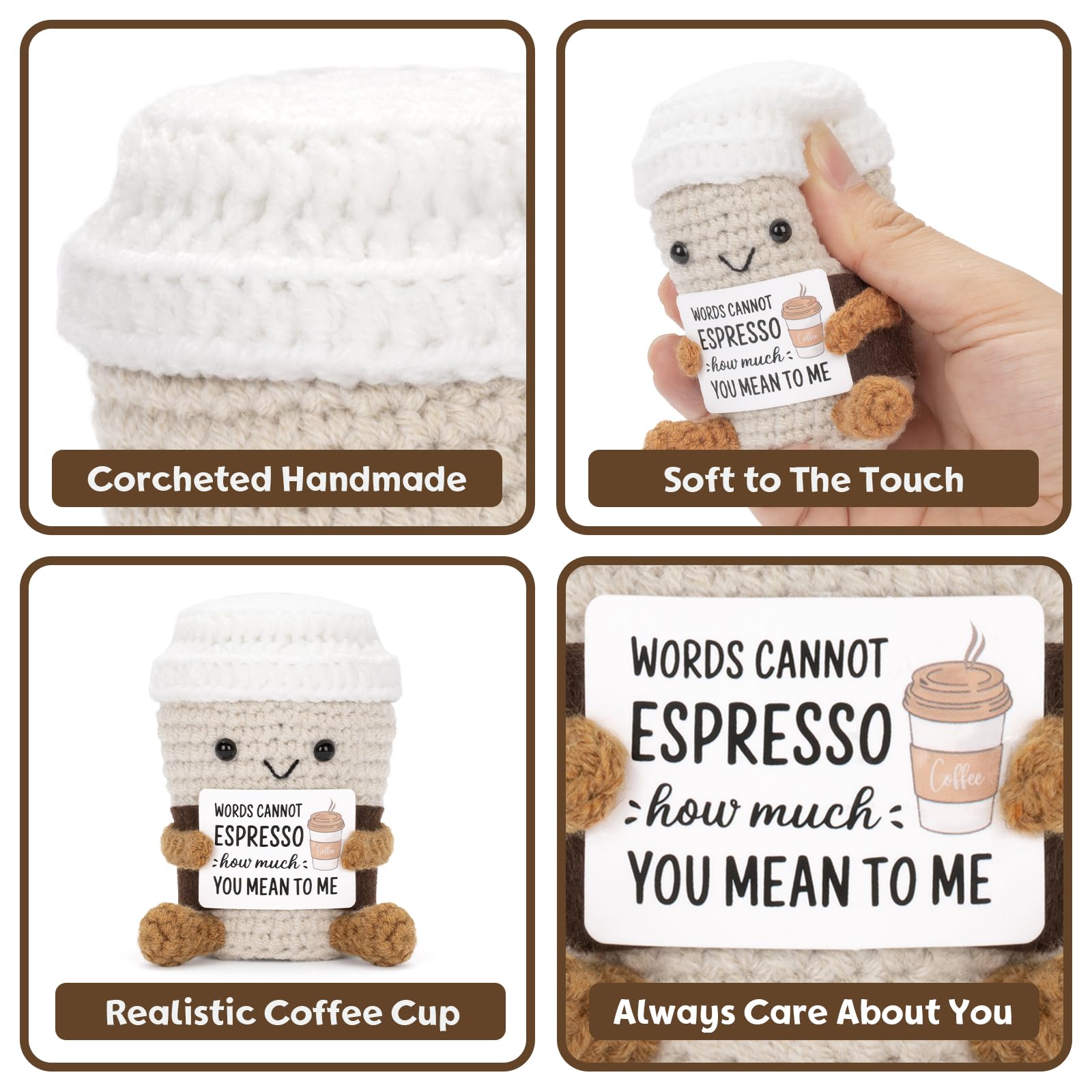 Knitted Yarn Handmade Look Soft Plush Coffee Cup Toy - Portable Pocket Pal, Keyring, Desk Buddy, Unisex Gift for Birthday Gifting