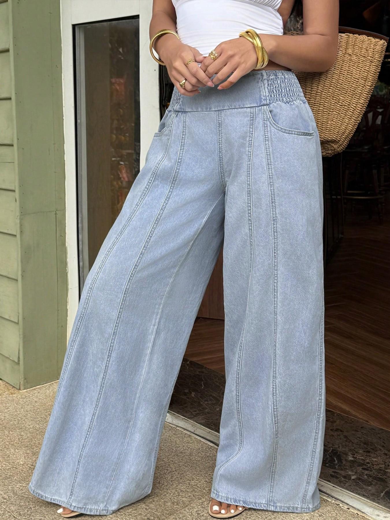 Women Shirred Elastic High Waist Wide Leg Oversized High Waisted Denim Jeans, 4 Way Stretch Light Wash, Casual Baggy Loose Floor Length Trousers with Pockets, Summer Streetwear