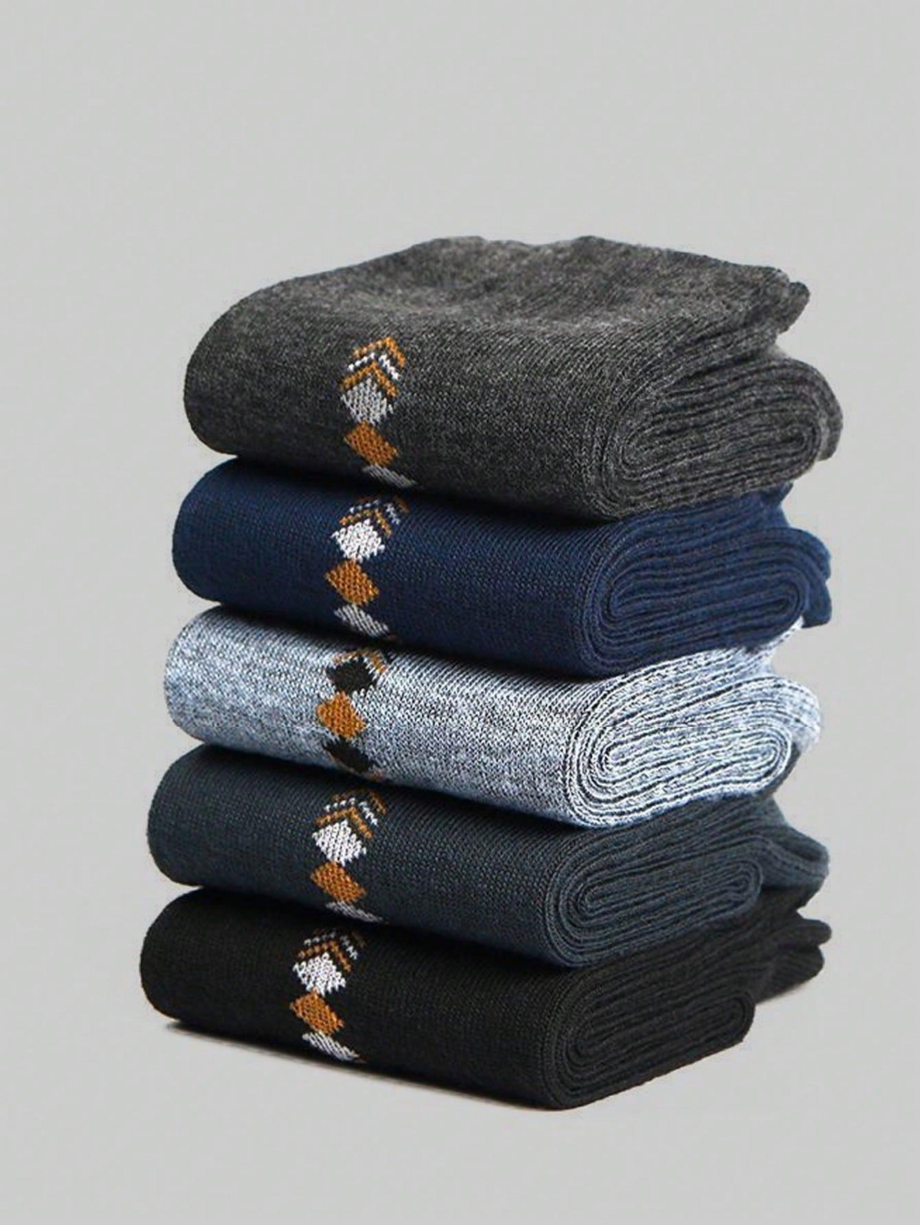 5 Pairs Men's Fall Winter Crew Socks, Soft Comfortable Checked Pattern, Ideal Gift for Running, Sports, Hiking, Casual Style
