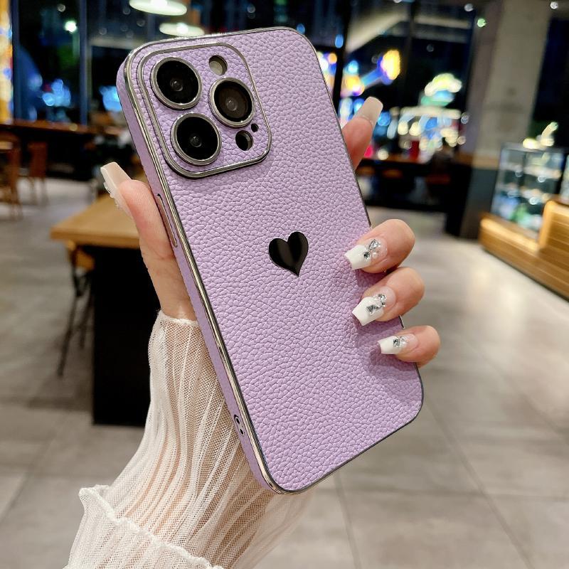 Luxury Solid Color Leather Plating Border Love Logo Phone Case For iPhone 16 Pro Max 14 11 12 13 15 Pro Max Bumper Back Cover