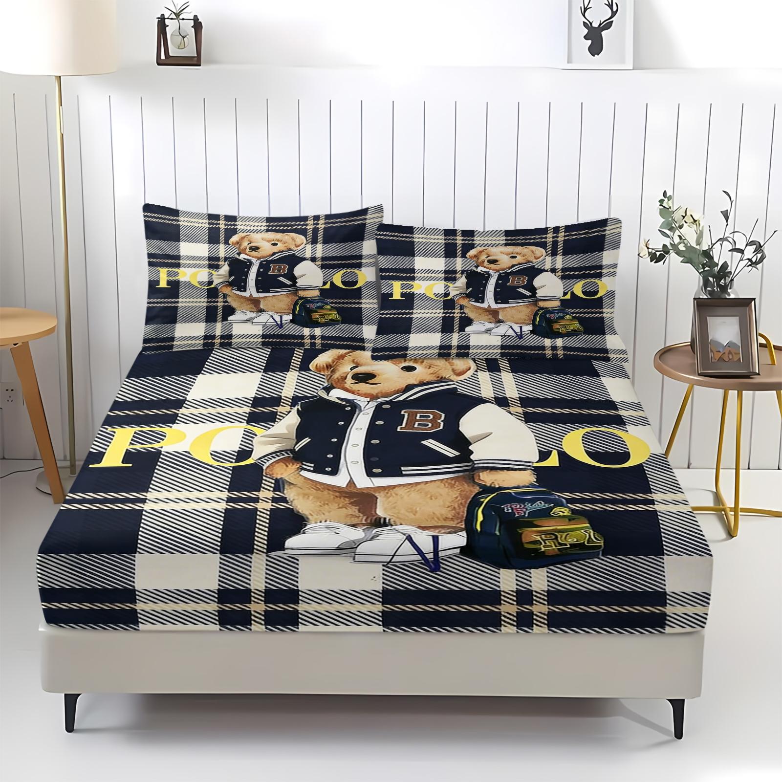 Teddy Bear Pattern Bed Sheet, Comfortable Printed Pattern, Includes 1 Bed Sheet and 2 Pillowcases, Comfortable Bedding, Non slip Dust Cover Suitable for Bedroom and Guest Room, Suitable as a Gift for Children or Adults