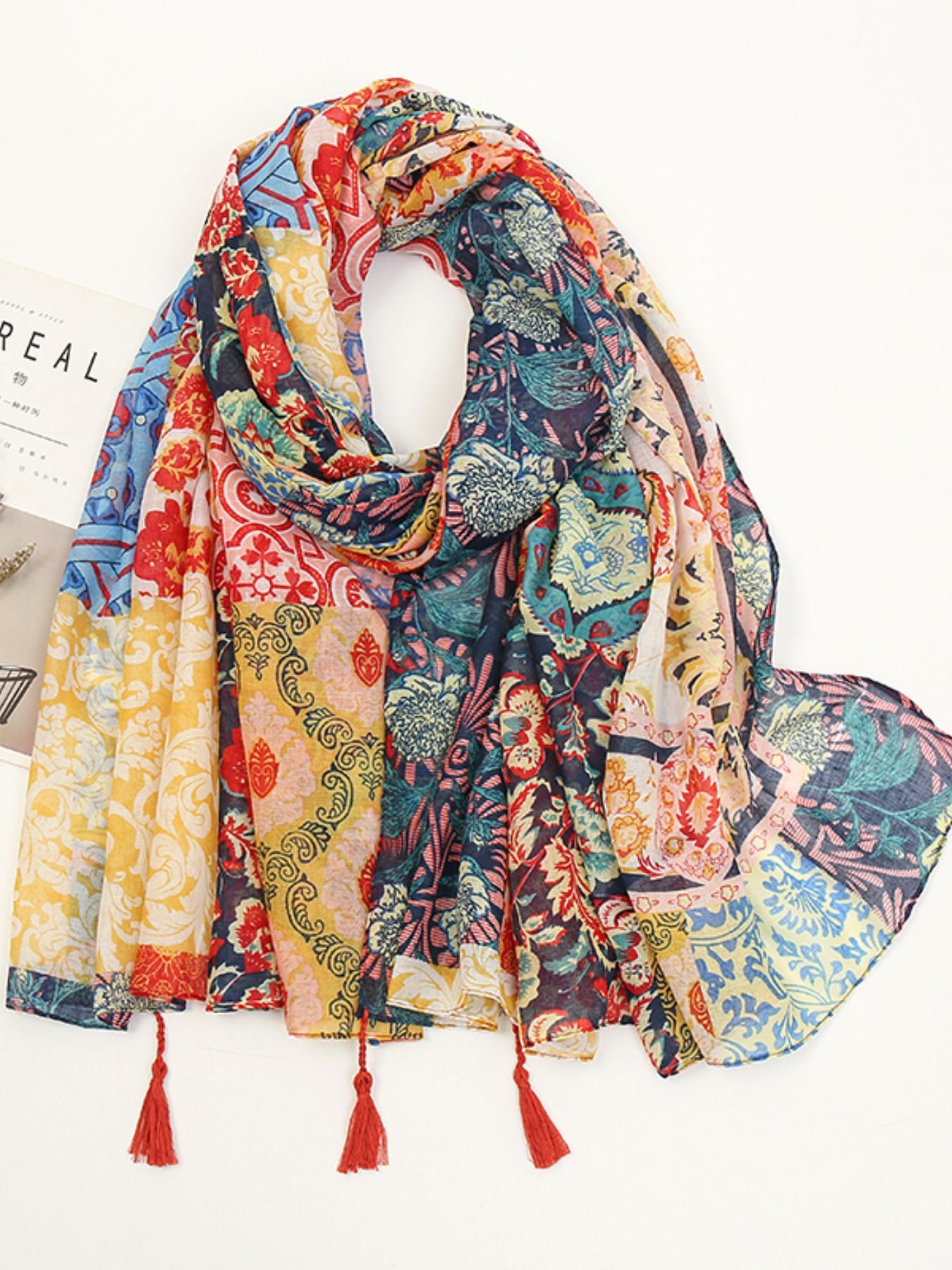 Women's Boho Peach Blossom Headscarf, Sun Protection Multicolor Scarf, Elegant Multi-Functional Shawl, Daily Wear, Pair with Robe or Dress