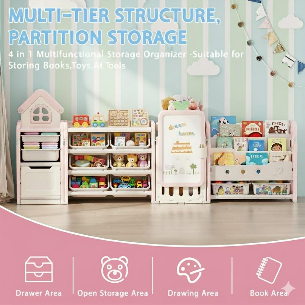 Foldable Kids Toy Storage Organizer with 10 Removable Bins and 3-Tier Bookshelf, 4 in 1 Multifunctional Large Toy Organizer with Drawing Board for Kid Bedroom Playroom Living Room, Light Pink Foldable Kids Toy Storage Organizer with 10 Removable Bins and 3-Tier Bookshelf, 4 in 1 Multifunctional Large Toy Organizer with Drawing Board for Kid Bedroom Playroom Living Room, Light Pink