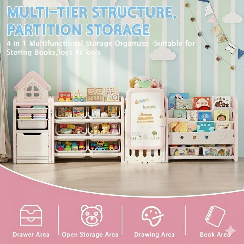 Foldable Kids Toy Storage Organizer with 10 Removable Bins and 3-Tier Bookshelf, 4 in 1 Multifunctional Large Toy Organizer with Drawing Board for Kid Bedroom Playroom Living Room, Light Pink