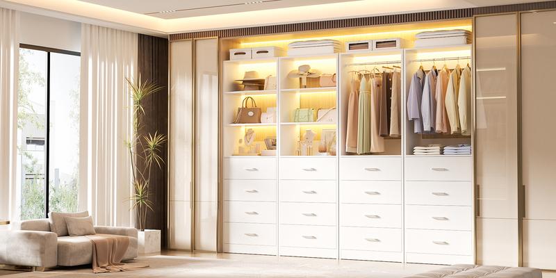 Cyclysio 21.3" W Freestanding Closet System with 4 Storage Drawers and Adjustable Shelves, Wooden Walk-in Closet Organizer Tall Wardrobe Storage Unit