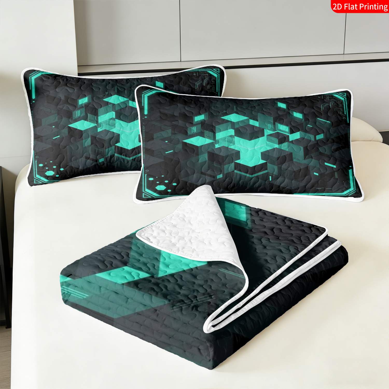 3 pcs, 2D Flat Print Neon Geometric Cubes Bedspread Set, Soft and Comfortable, Multiple Sizes Available, Suitable for Gifting and Daily Use, Ideal for Creating a Cozy Home Atmosphere(1 bedspread , 2 pillowcases)