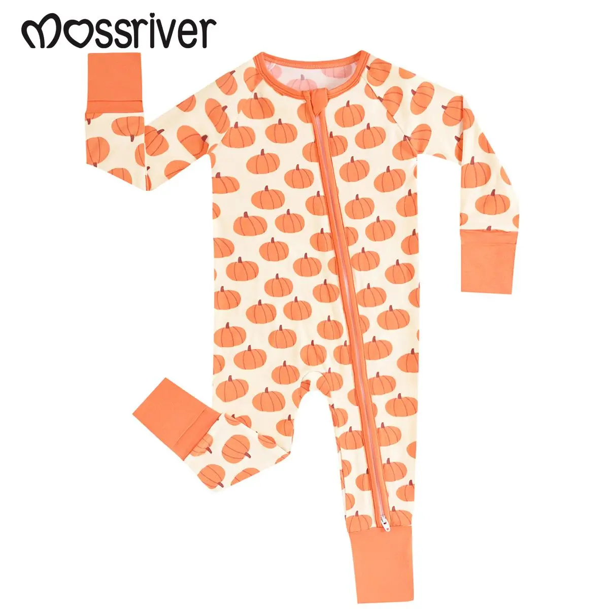 MOSSRIVER Halloween Baby Long-Sleeve Pajamas - Super Soft Bamboo One-Piece with Pumpkin Print, Footies & Mittens, Double Zipper.new,cozy,freaky