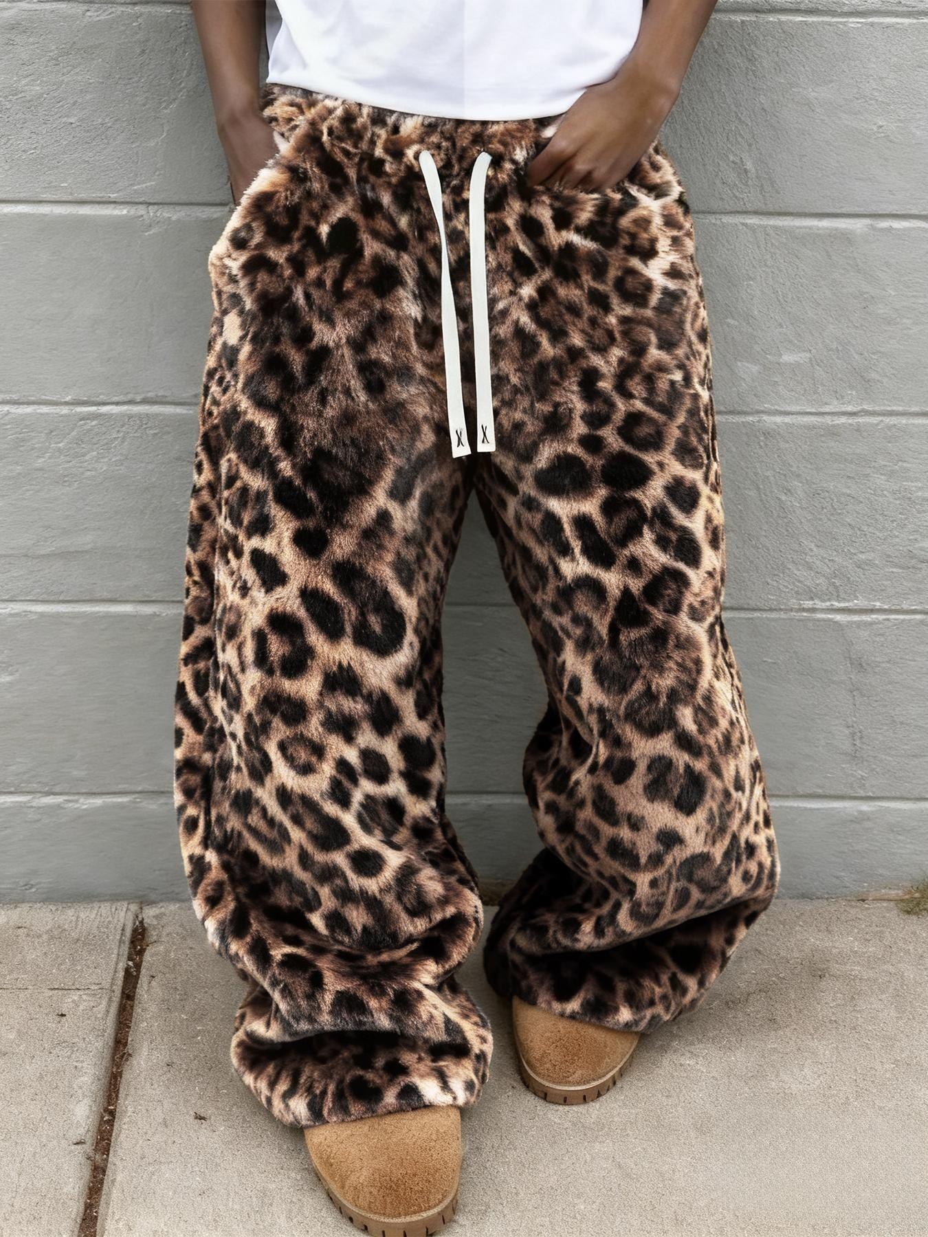 Men's Street Style Leopard Print Loose Pants, Elastic Waist Knit Sportswear, Reversible Fleece Lined Joggers for Casual Wear